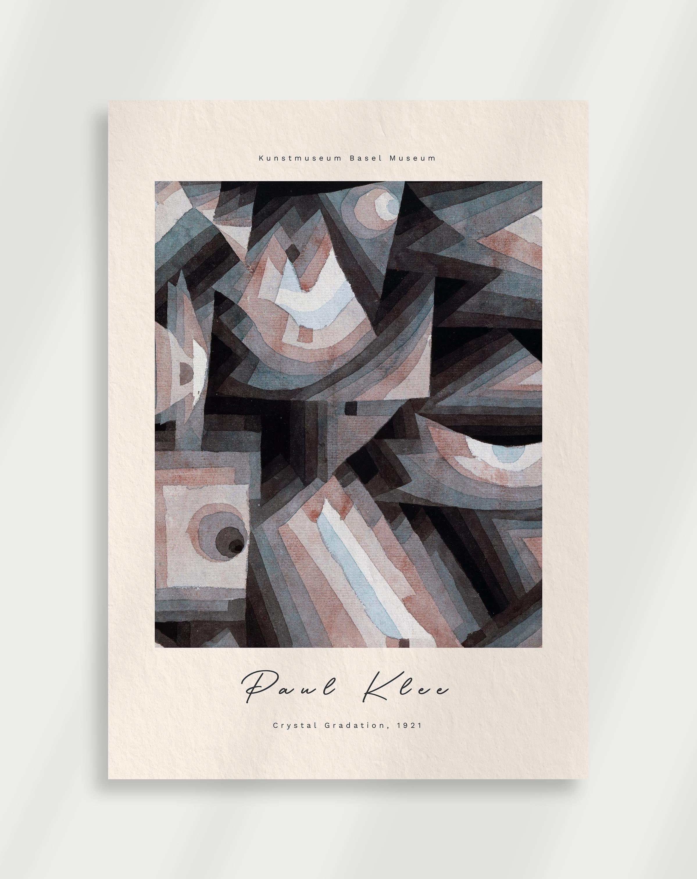 Dark geometric abstract composition with layered shapes and muted tones by Paul Klee
