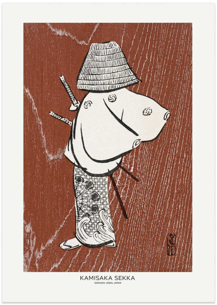 Kamisaka Sekka Samurai poster with a stylized figure in a hat on red, 1920s