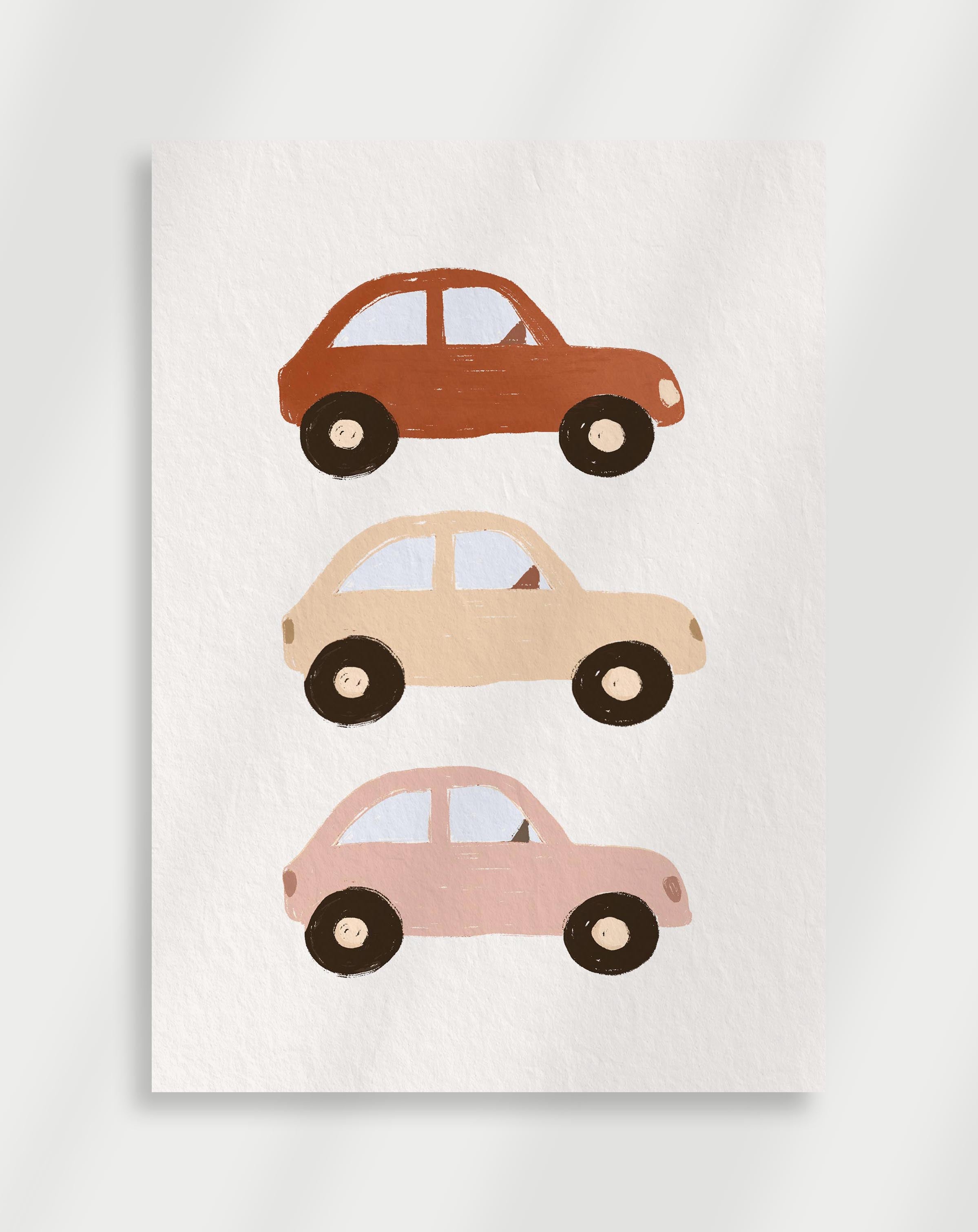 Three cartoon cars in brown, beige, and pink on a white background