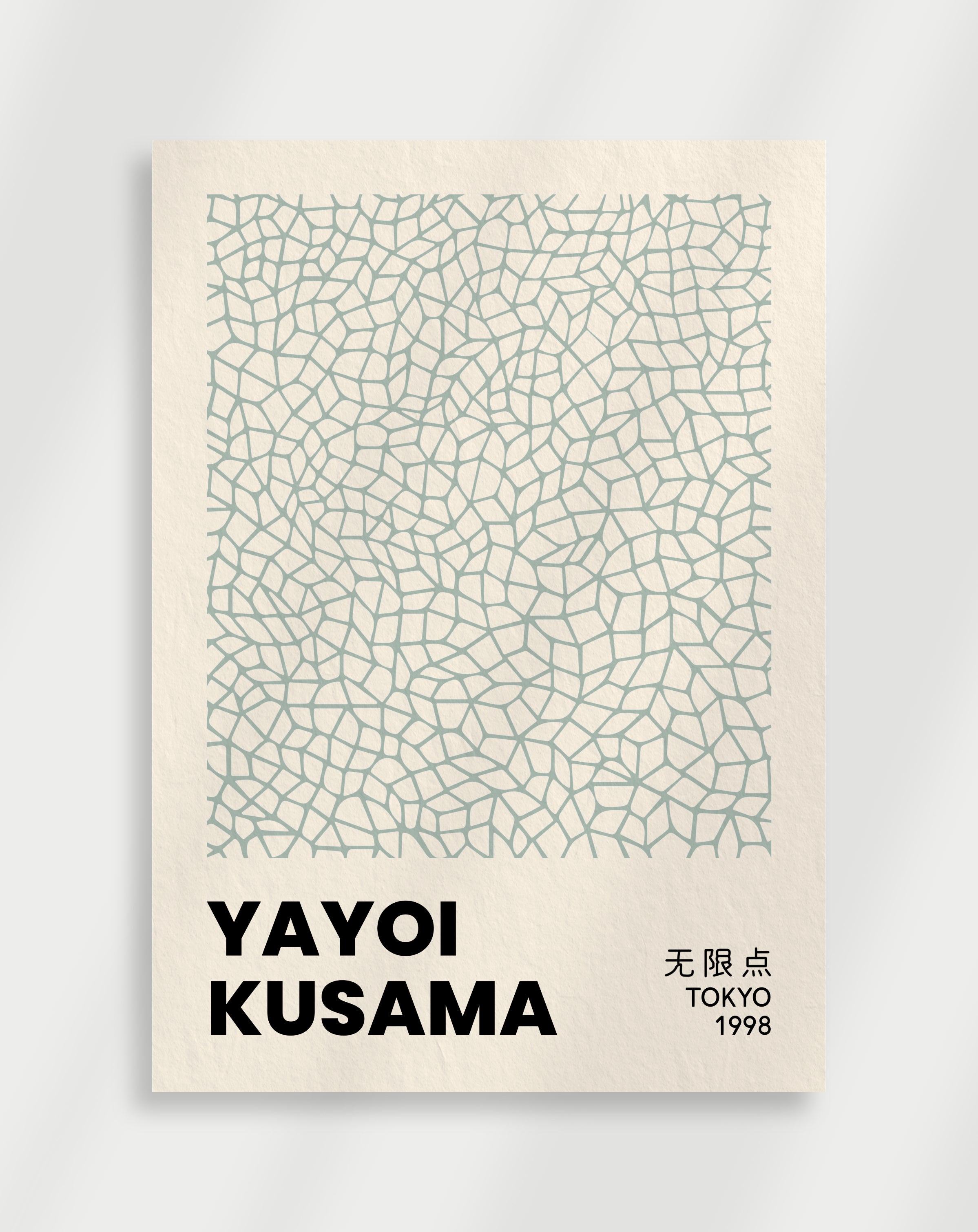 A poster featuring a geometric Kusama pattern in various shades of gray and a title 'YAYOI KUSAMA TOKYO 1998' printed at the bottom.