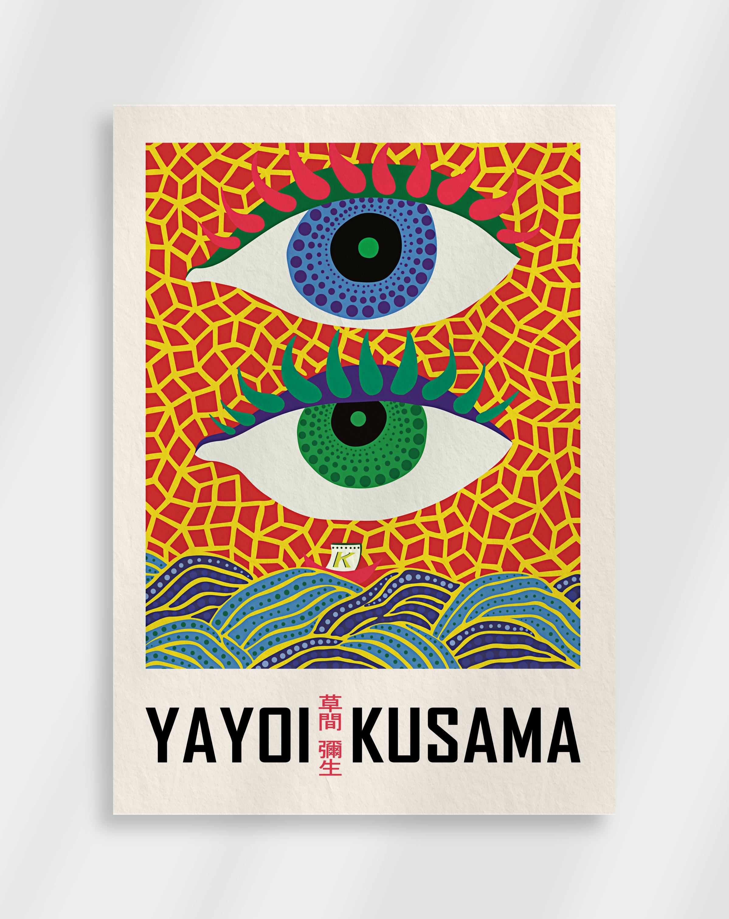 A colorful poster featuring an abstract pattern with eyes and waves, labeled with 'YAYOI KUSAMA' at the bottom.