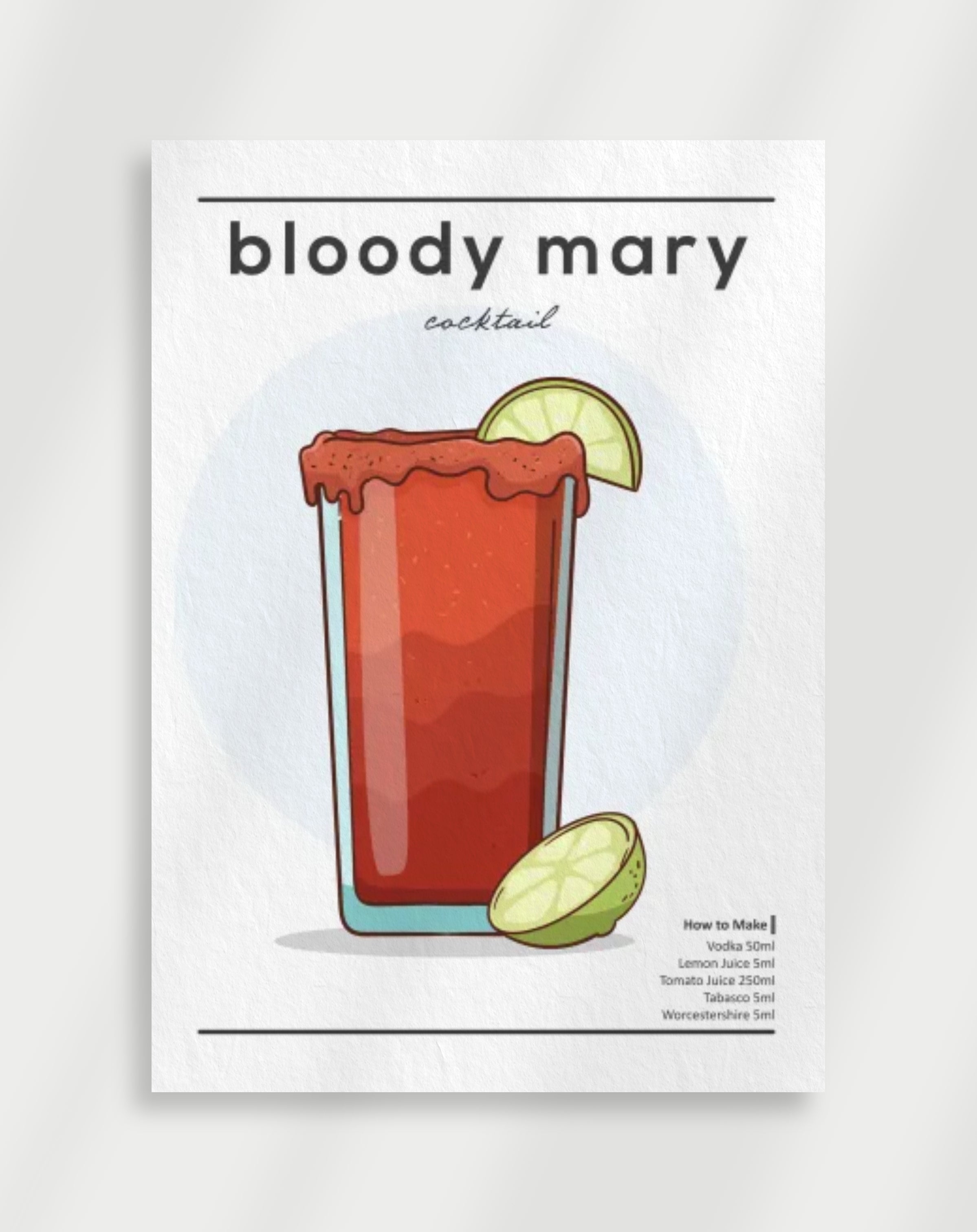 A poster featuring an illustration of a Bloody Mary cocktail with a slice of lime and a sprig of cilantro, along with the text 'Bloody Mary Cocktail''.