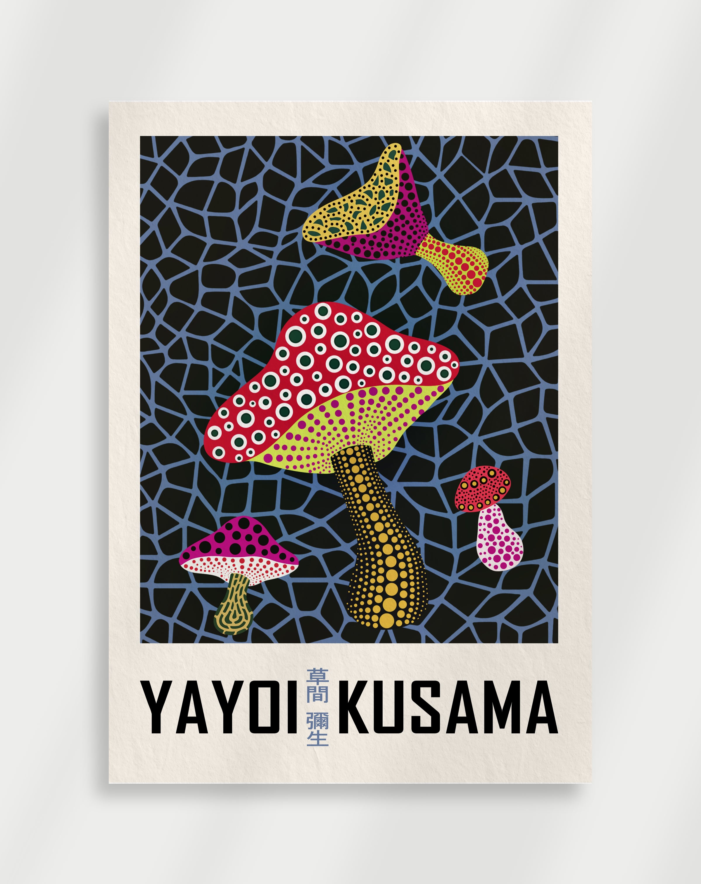 A poster featuring a geometric pattern with multicolored mushroom illustrations and the text 'YAYOI KUSAMA'.