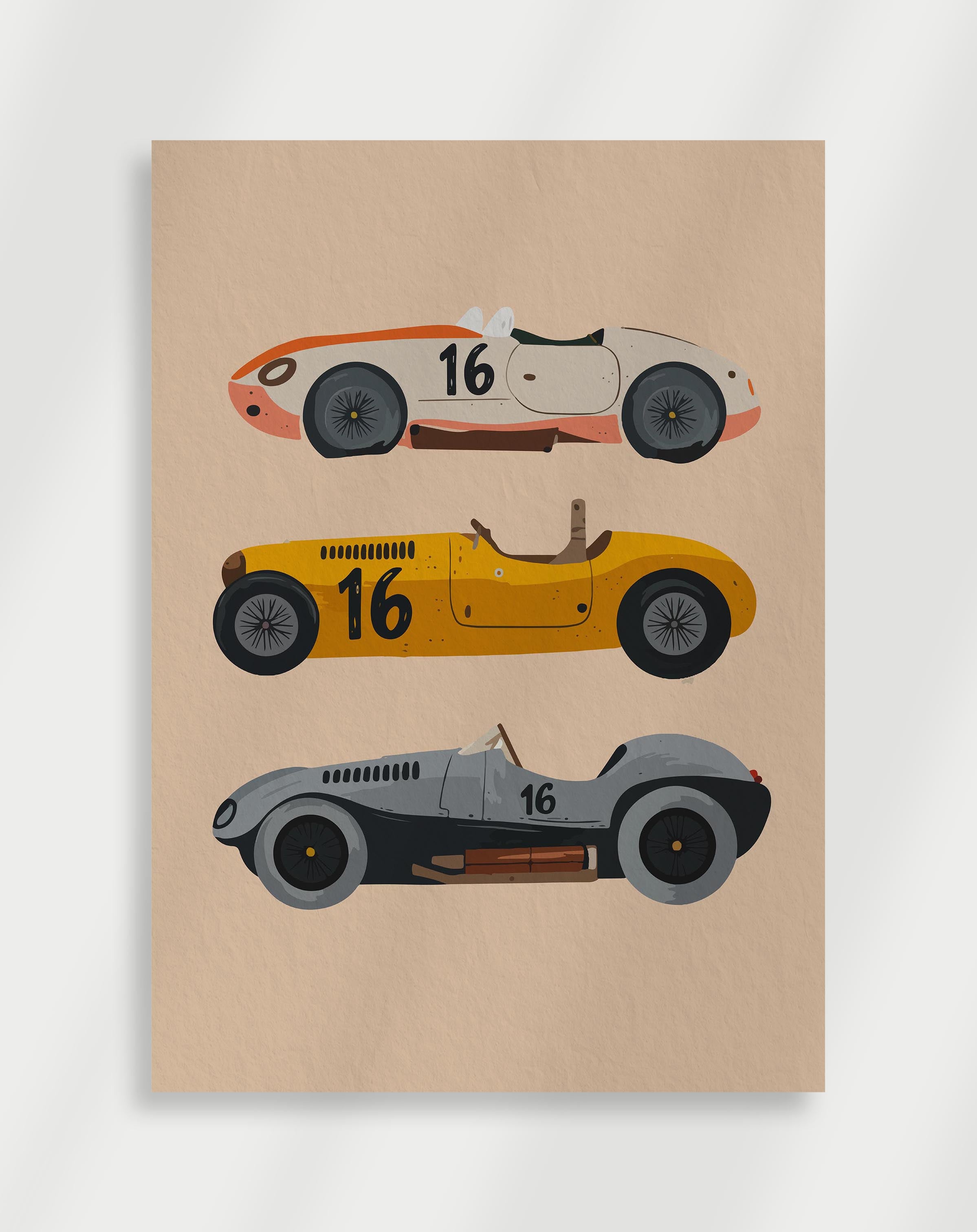 Three vintage race cars on a beige background