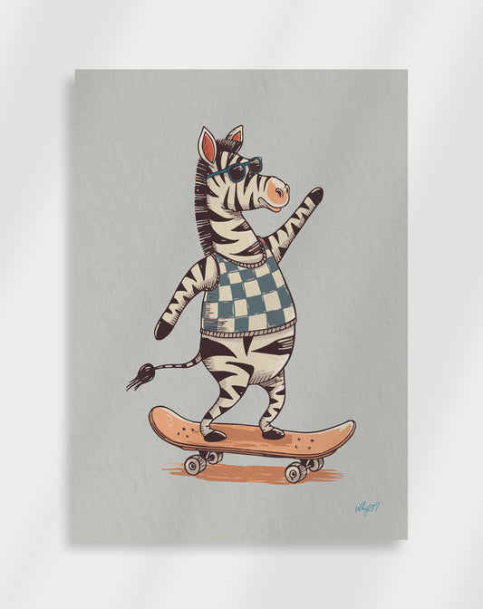 Zebra riding a skateboard Poster