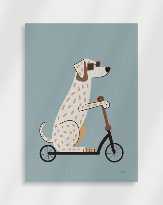 Dog riding a scooter Poster