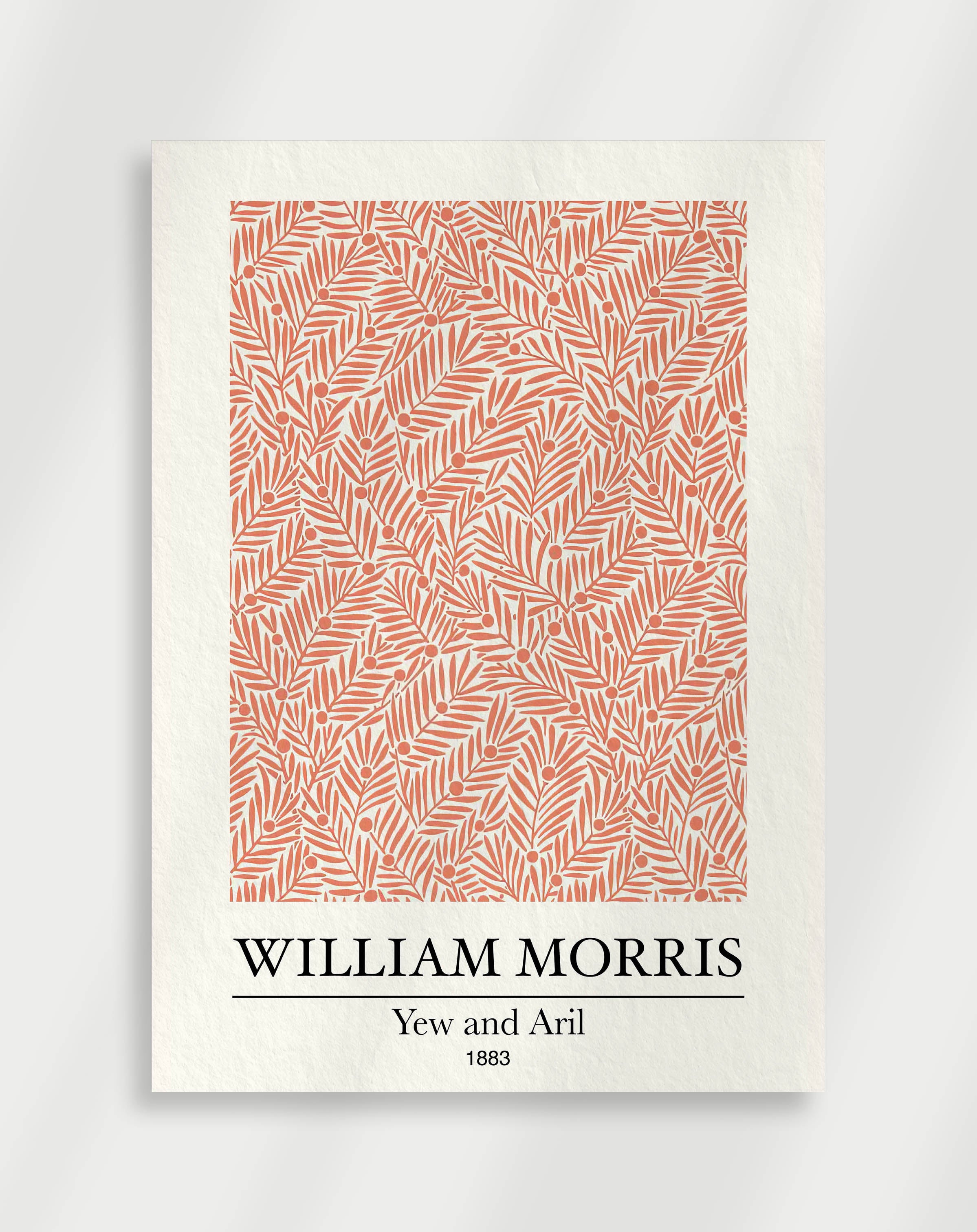 A poster featuring a geometric pattern in shades of orange, brown, and white, with the text 'William Morris' and 'Ye wand Aril' from 1883 at the bottom.