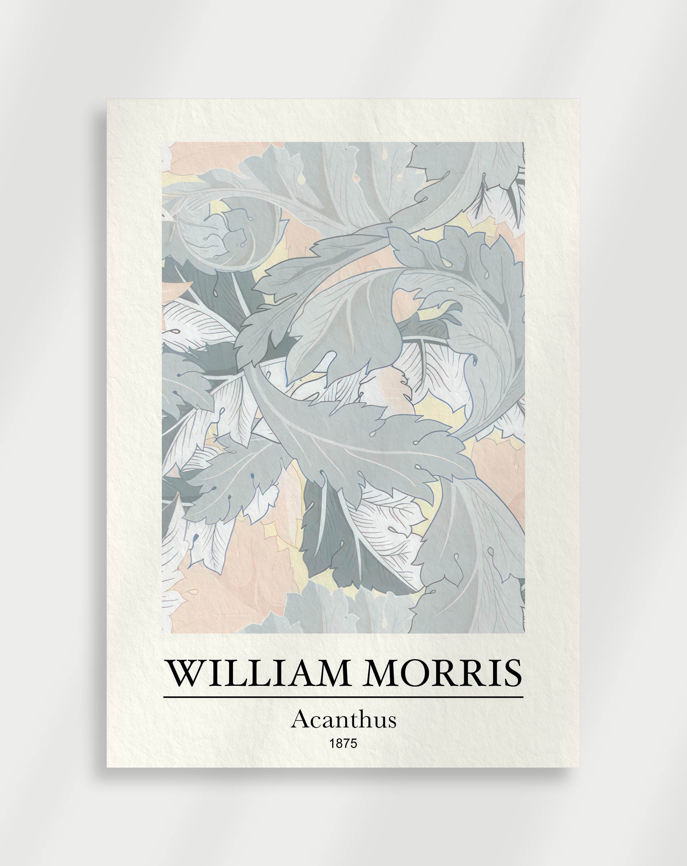 A poster featuring a floral design with beige and gray tones, labeled 'William Morris' and dated '1895'.