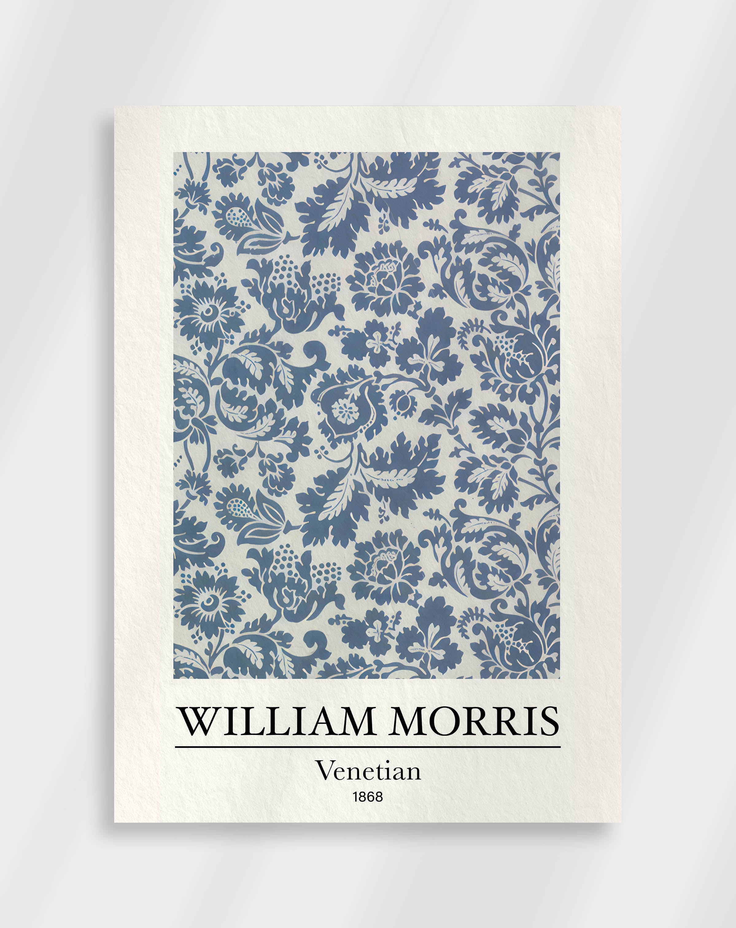 A poster featuring a blue background with a floral pattern design, labeled 'William Morris VENETIAN'.