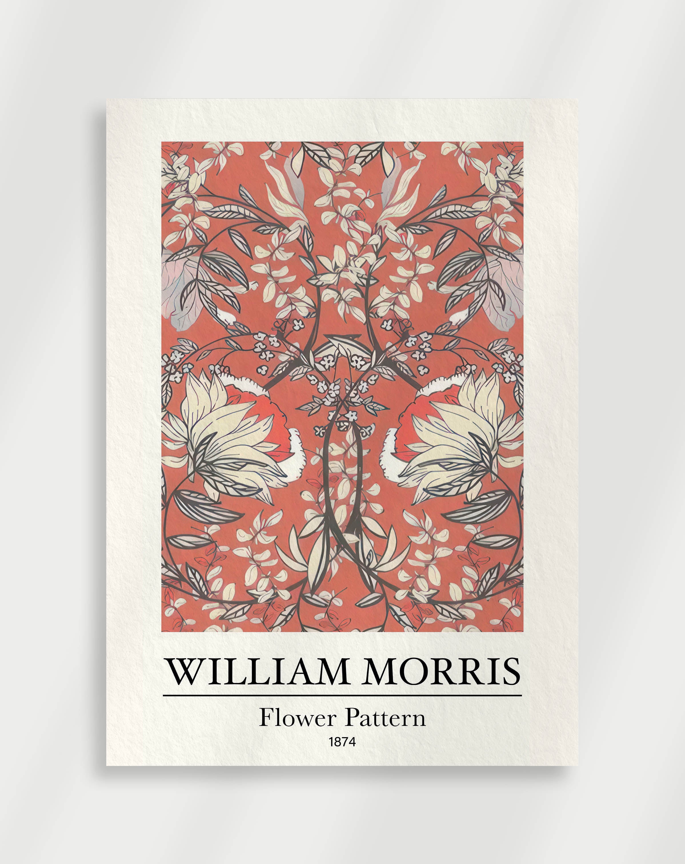 Ornamental floral pattern print with dense botanical elements by William Morris