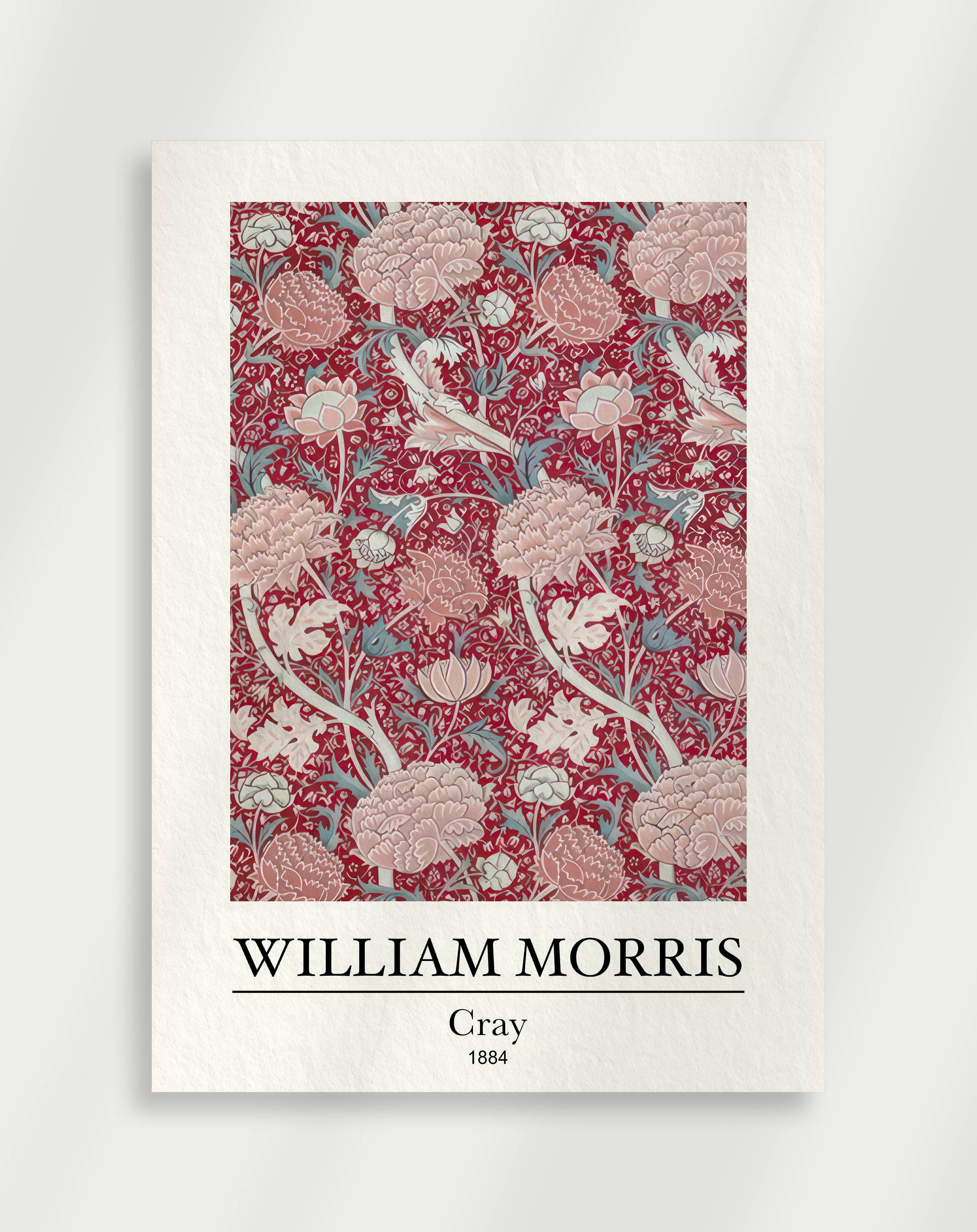 A cray poster featuring the artwork of William Morris with a floral and bird design in red, green, and white colors.
