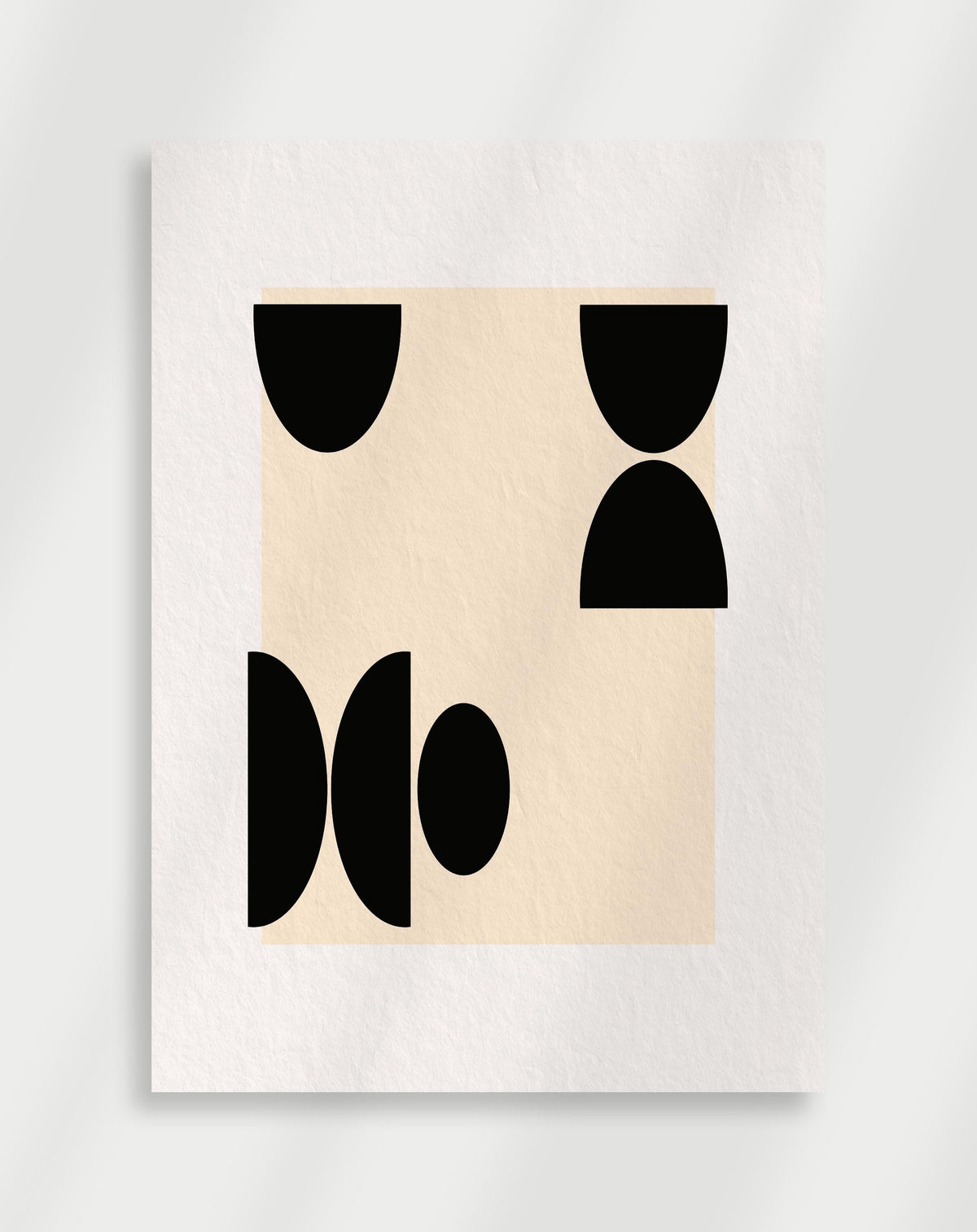 Abstract black shapes geometric poster with an abstract geometric composition of black semi-circles and ovals on a beige background