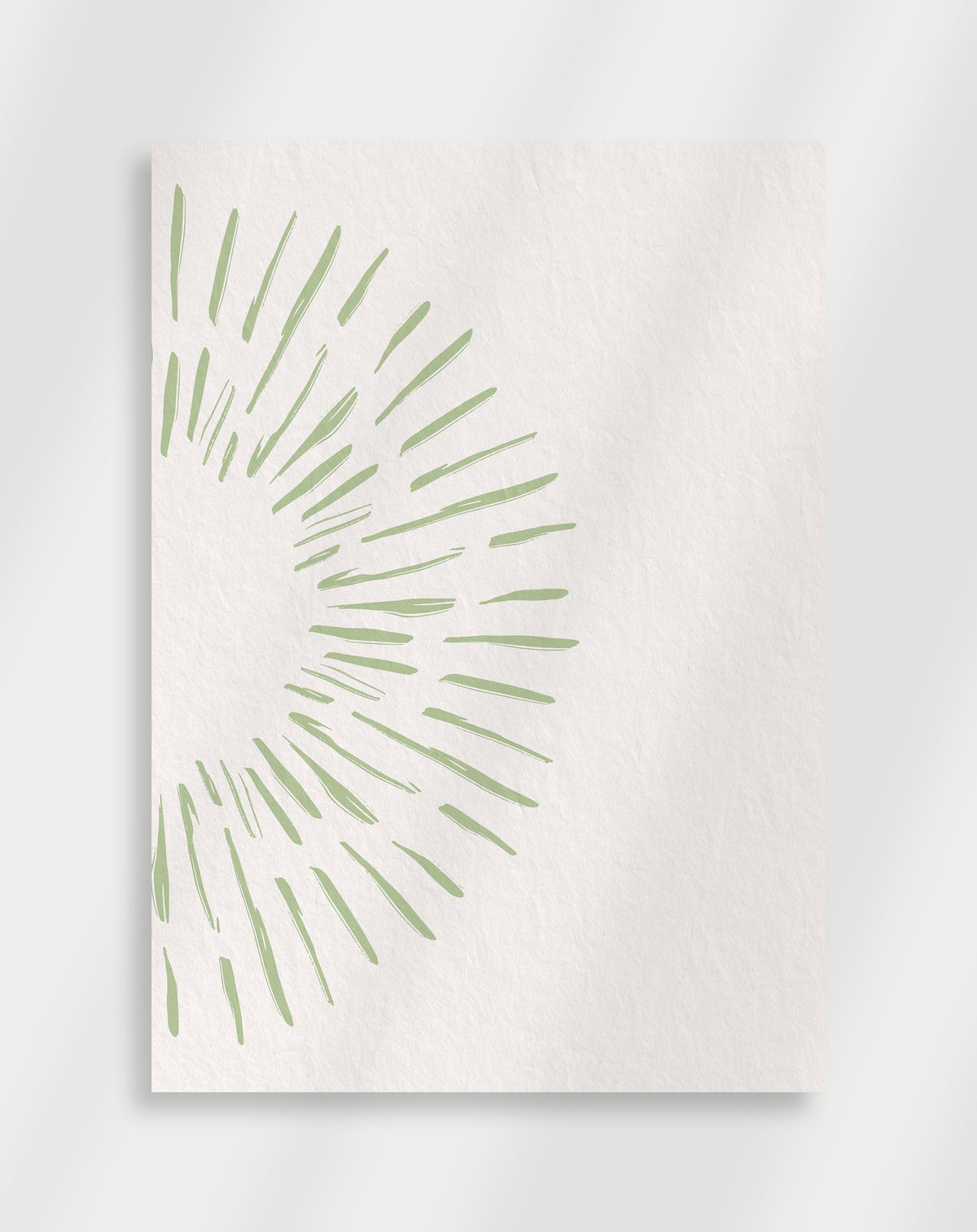 Abstract green brushstrokes poster with light green brushstrokes radiating outward in a semi-circular pattern on a white background