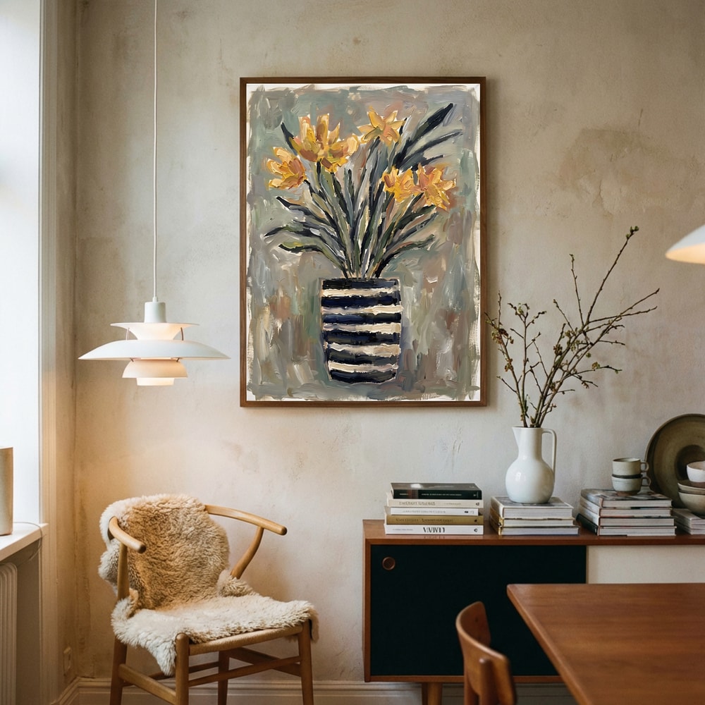 Yellow Flowers Striped Vase Poster
