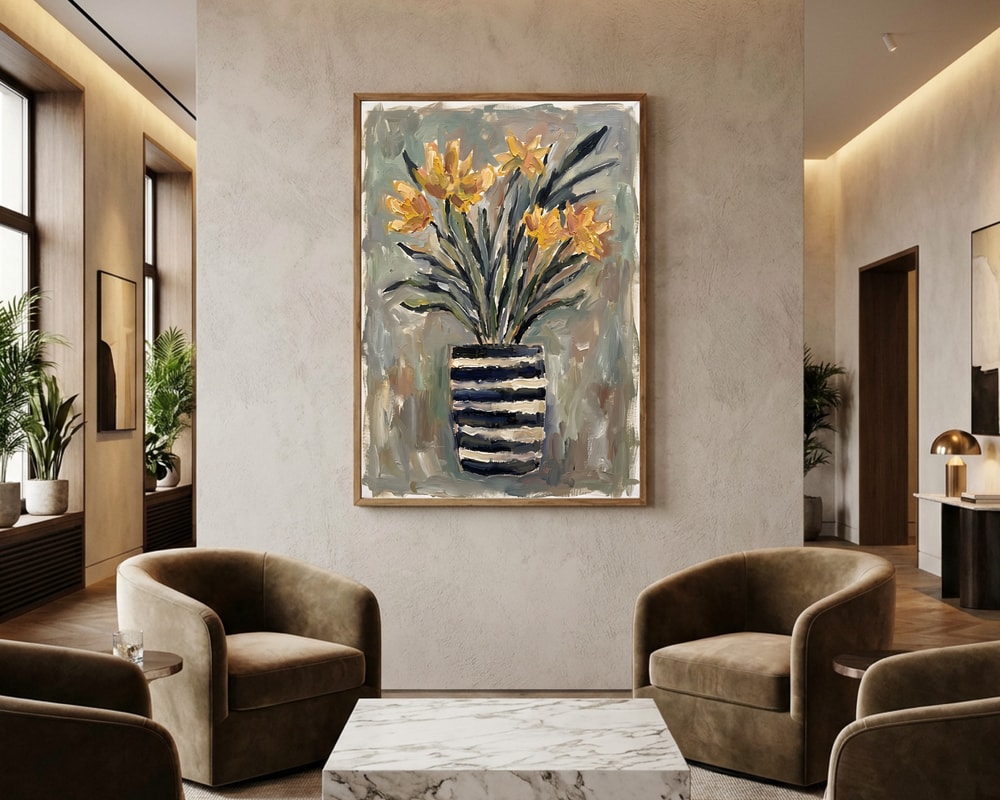 Yellow Flowers Striped Vase Poster