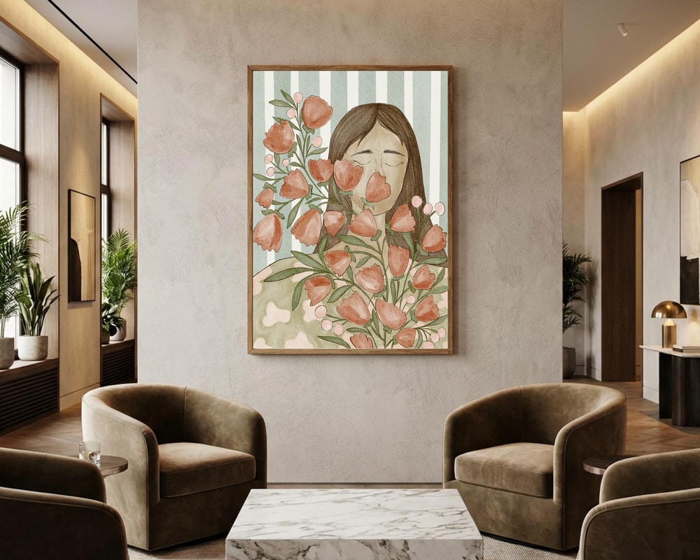 Serene kvinde med blomster plakat