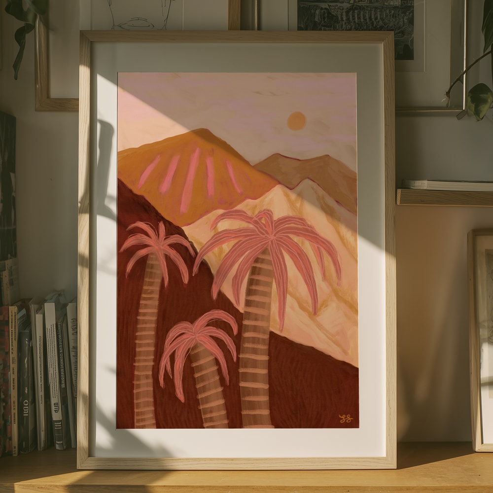 Plakat med solnedgang over ørkenpalmer