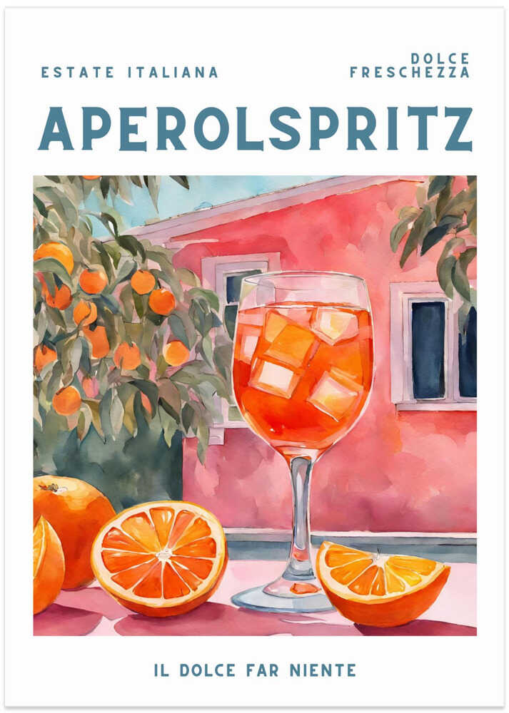 Aperol spritz watercolor poster with a watercolor of an Aperol Spritz cocktail with oranges in front of a pink building
