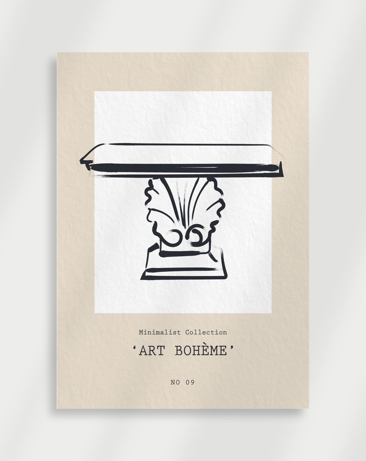 Art Boheme column poster with a black line drawing of a classical column capital labeled Art Boheme Minimalist Collection