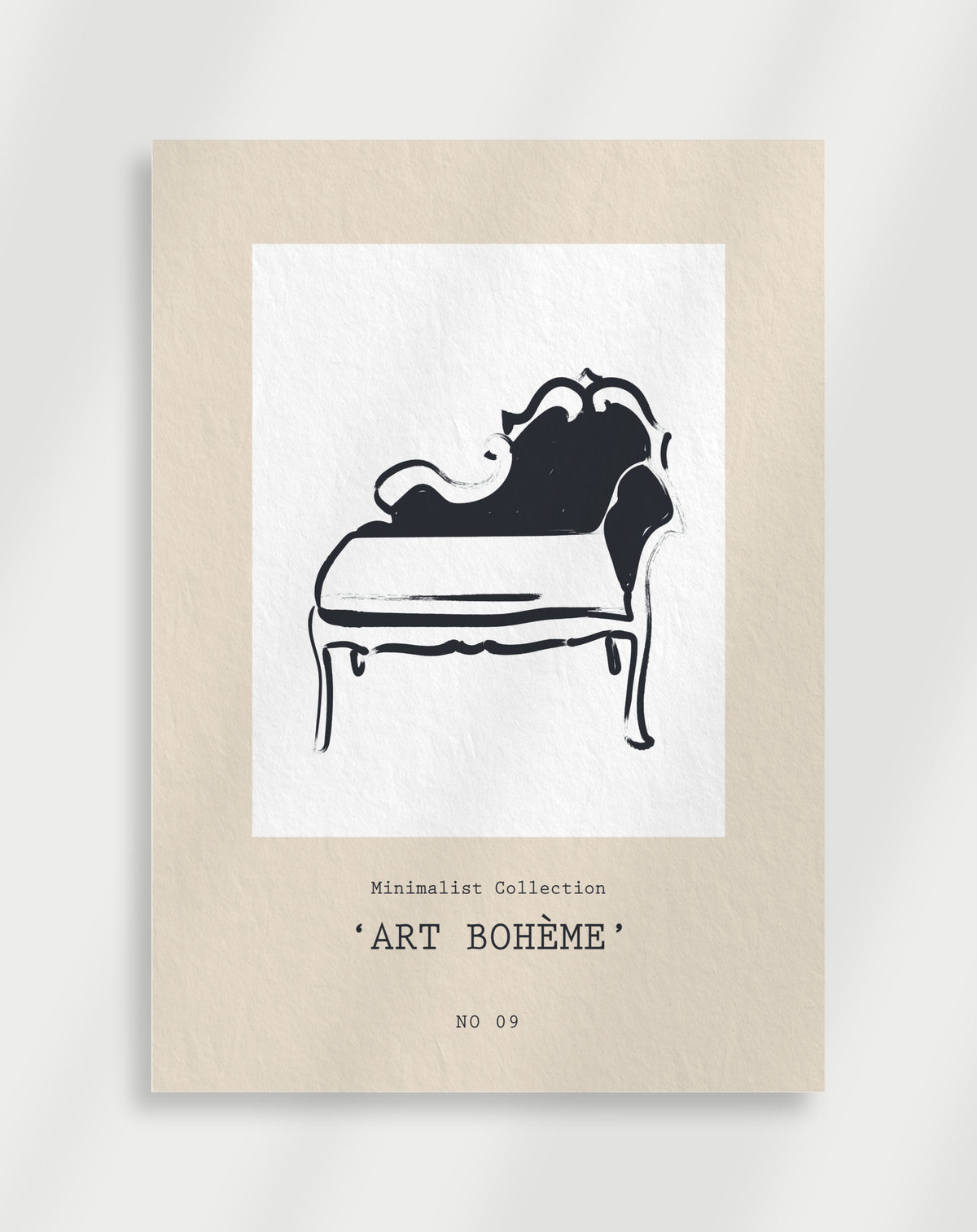 Art Boheme sofa poster with a black line drawing of an ornate chaise lounge labeled Art Boheme Minimalist Collection