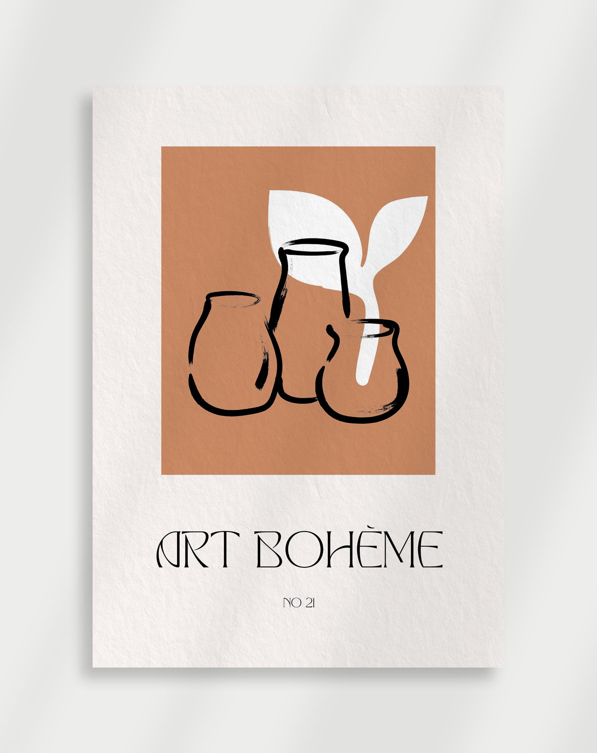 Art Boheme vases no 21 poster with a minimalist graphic of three black-outlined vases and a white leaf shape labeled Art Boheme No 21