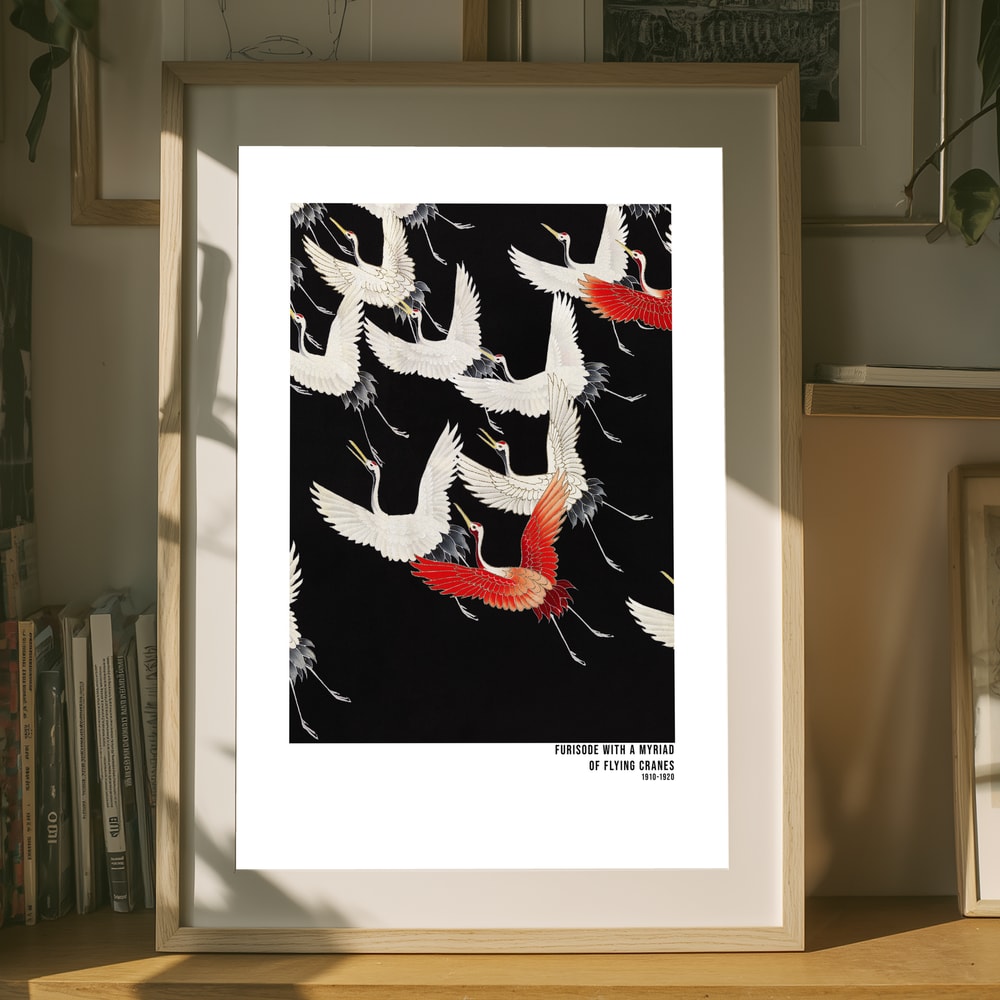 Furisode med en myriad av flygande tranor (1910–1920) Japansk Poster