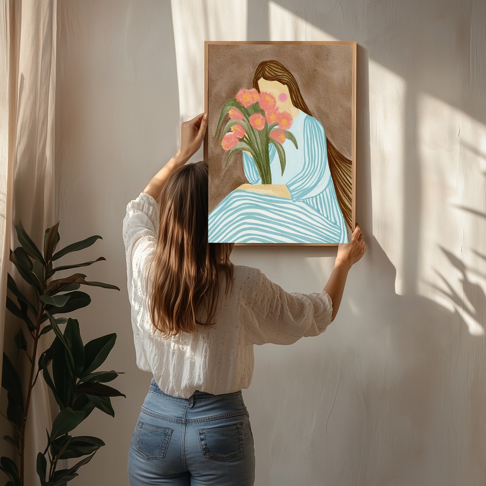 Plakat med genert kvinde og lyserøde tulipaner