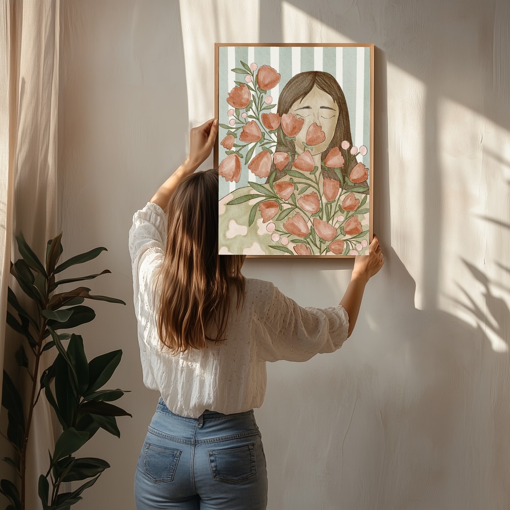 Serene kvinde med blomster plakat