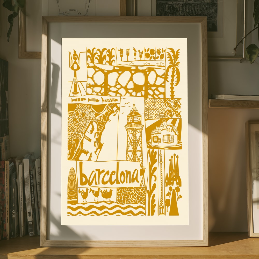 Illustrated Barcelona Landmarks Poster
