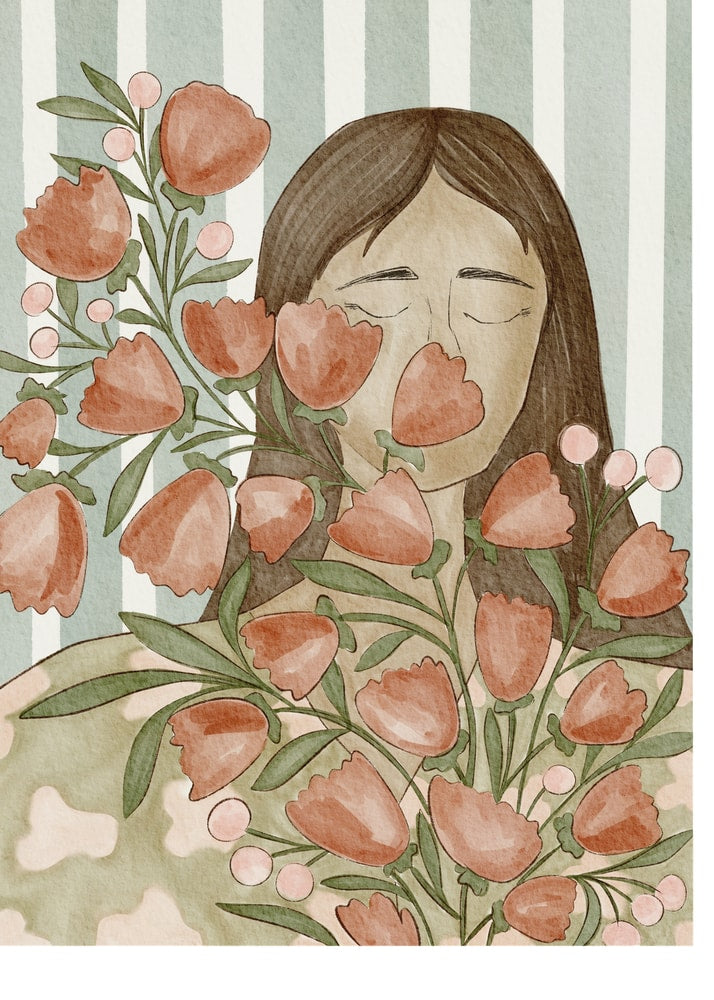 Serene kvinde med blomster plakat