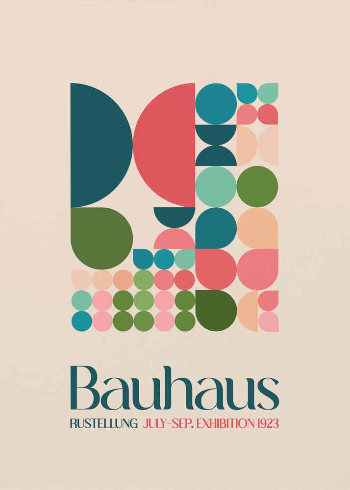 Bauhaus exhibition 1923 poster with geometric circles and semicircles in teal, pink and green labeled Bauhaus