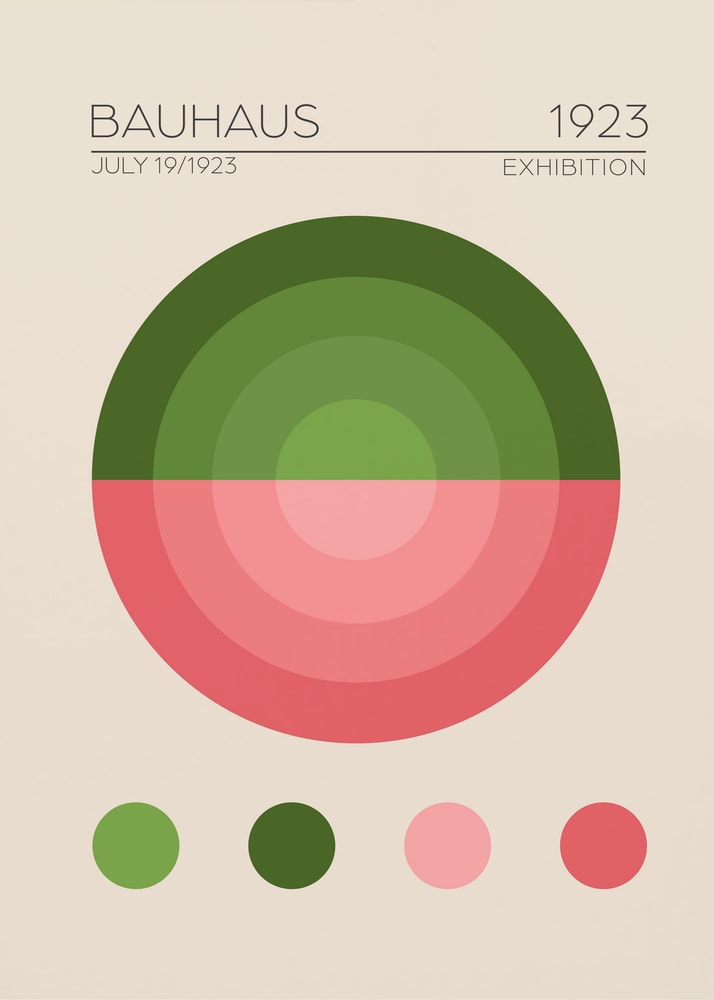 Bauhaus exhibition green pink circle poster with a minimalist graphic of a large circle in green and pink with concentric rings labeled Bauhaus 1923 Exhibition