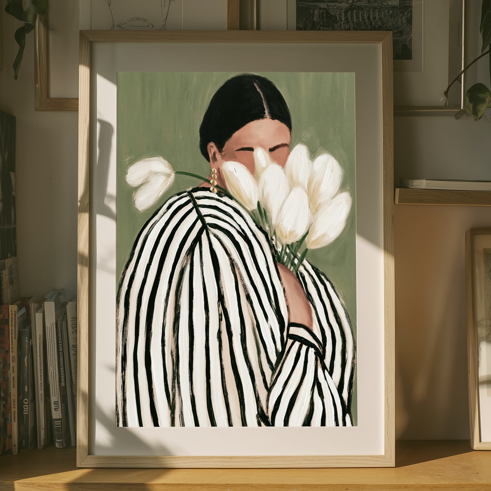 Woman with flowers, striped woman with tulips illustration Poster