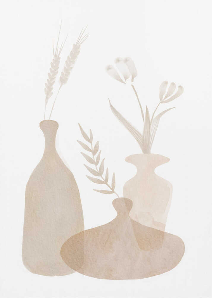 Beige vases dried plants poster with a minimalist illustration of three beige vases holding wheat stalks, a leafy branch and white flowers