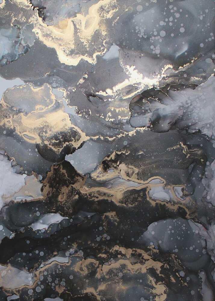 Black gold abstract poster with abstract fluid art in black gray gold and white