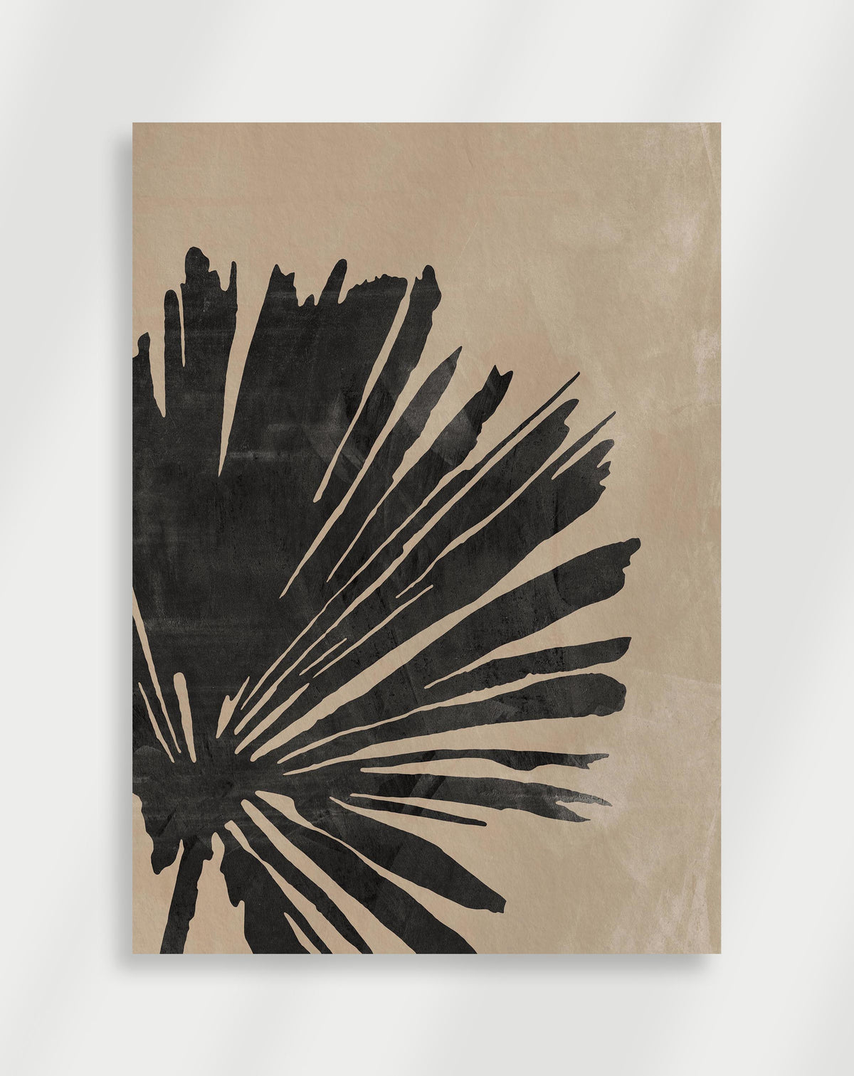 Black palm leaf silhouette poster with a bold black silhouette of a palm leaf on a textured beige background