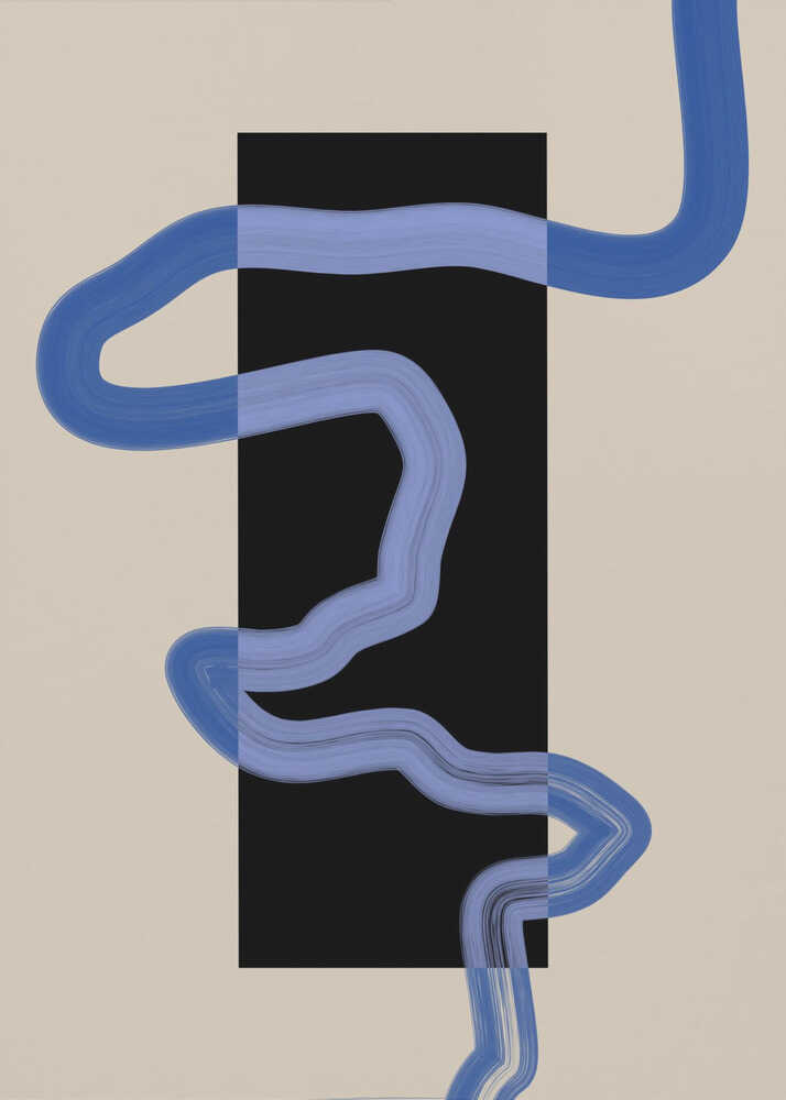 Blue wave black rectangle poster with a wavy blue line weaving through a black rectangle on a beige background