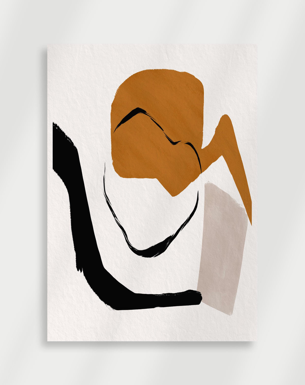 Boho abstract orange black shapes poster with an abstract composition of black brushstrokes and an orange organic shape on a white background