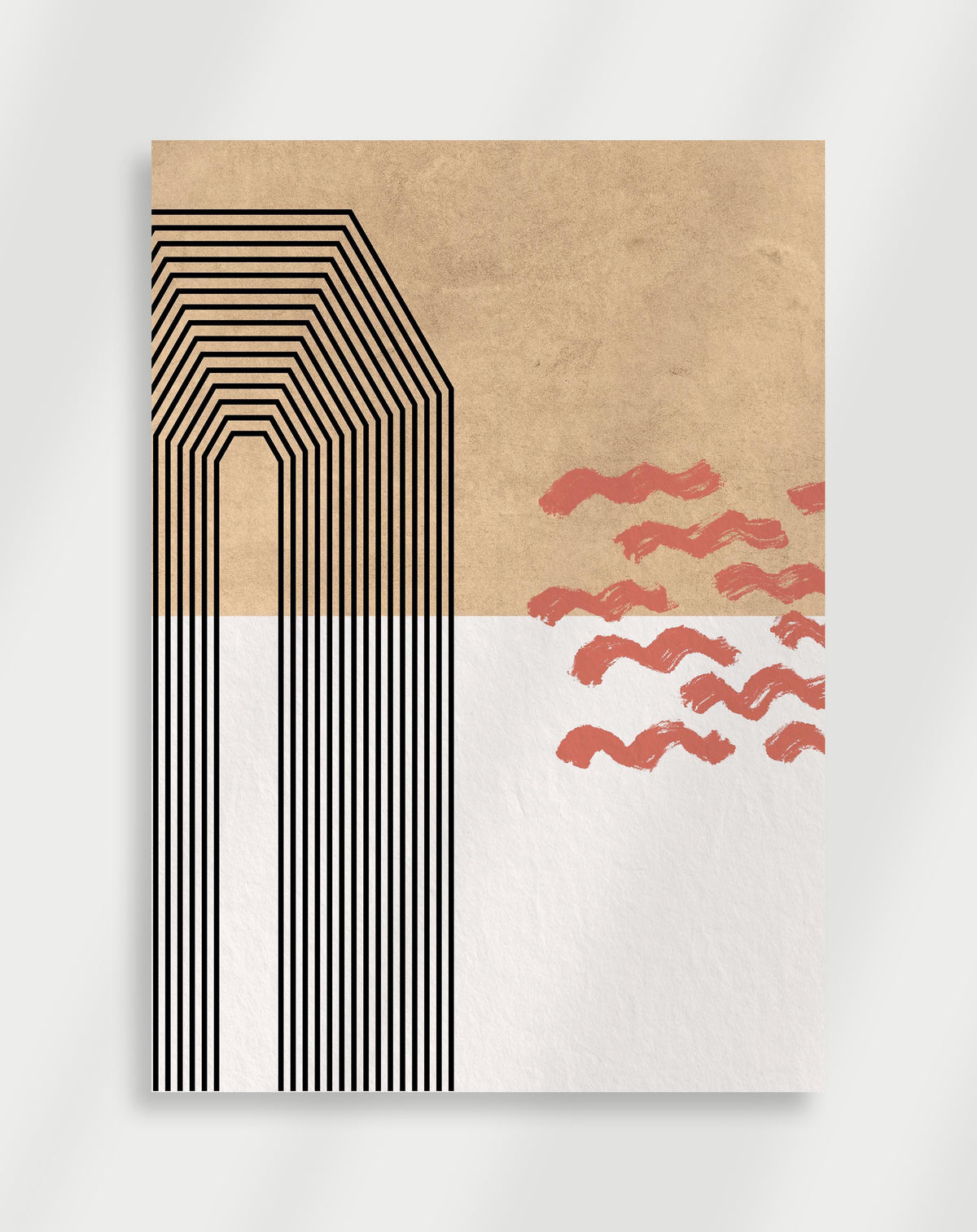 Boho arches red brushstrokes poster with an abstract composition of black concentric arched lines and red wavy brushstrokes