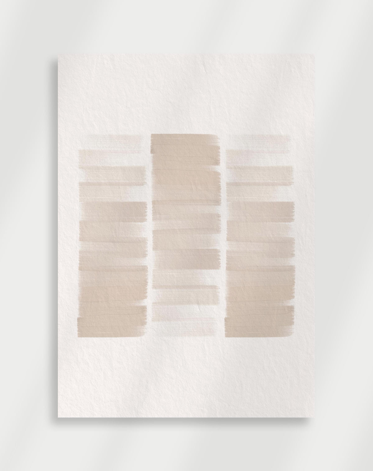 Boho beige brushstroke stacks poster with an abstract composition of three vertical stacks of beige horizontal brushstrokes on a white background