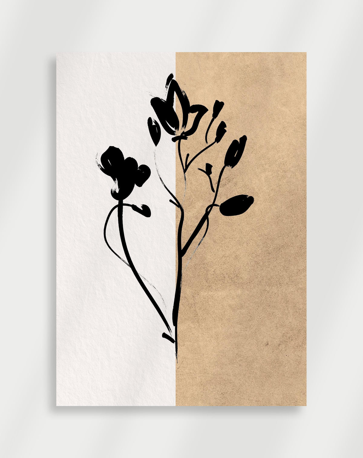 Boho black flower illustration poster with a black brushstroke illustration of flowers on a split white and beige background