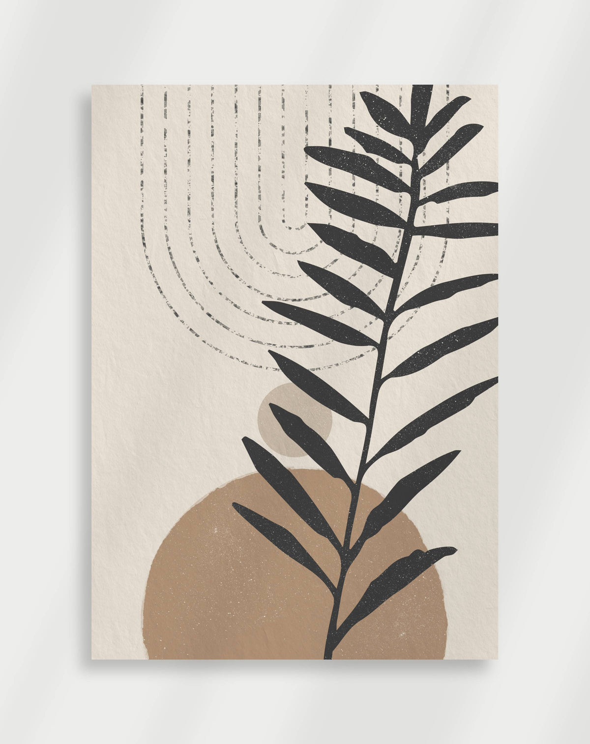 Boho black palm leaf circles poster with a minimalist composition of a black palm leaf silhouette, beige circles and faint arcs