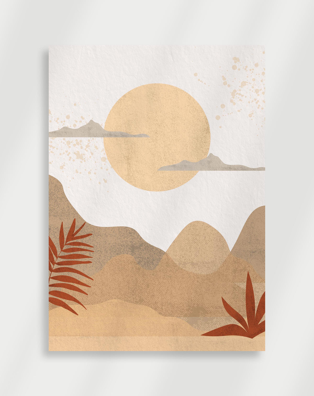 Boho desert landscape sun poster with a minimalist landscape of layered hills, a large yellow sun and red palm leaves