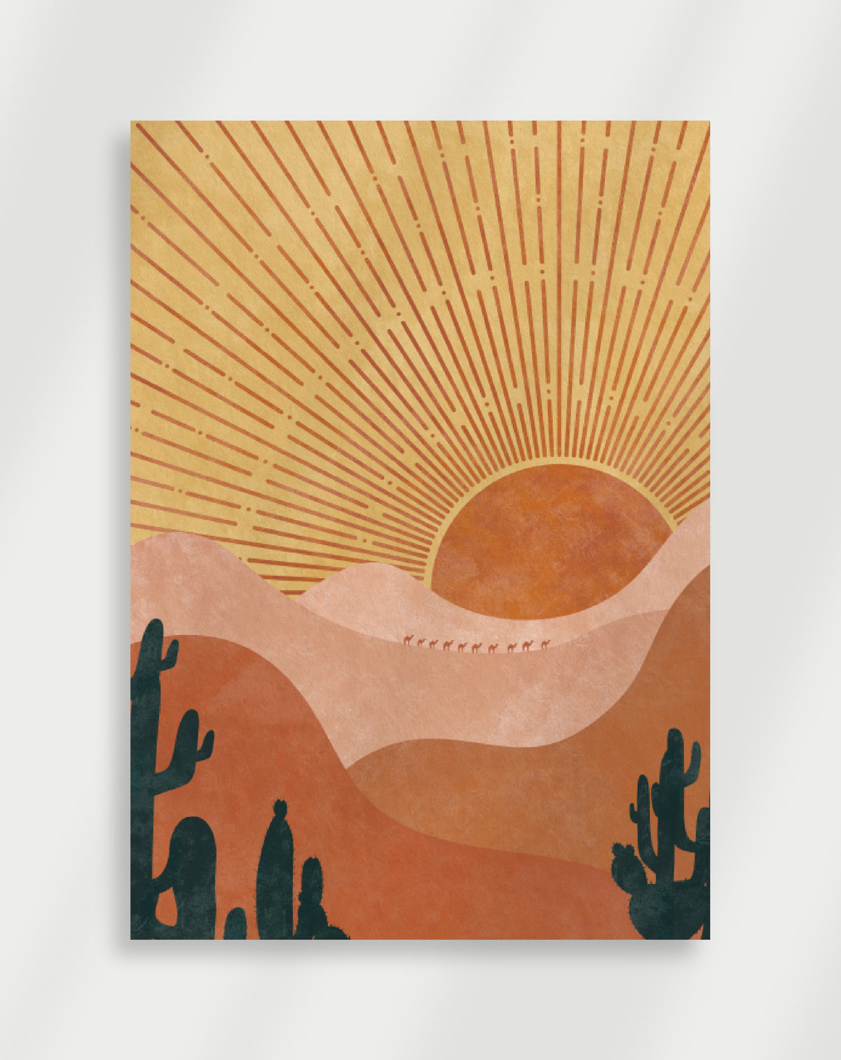 Boho desert sunset cacti poster with a minimalist desert landscape of a large sun, layered hills, cacti and a caravan of camels