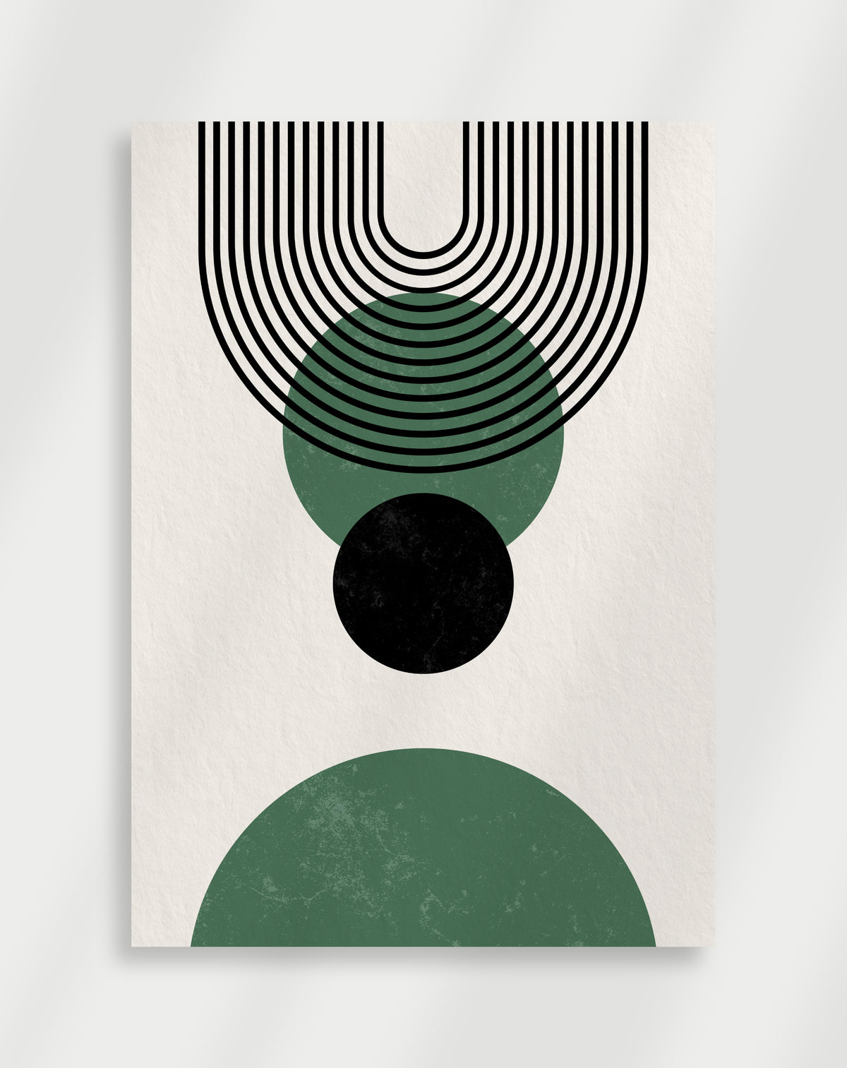 Boho geometric circles arches green poster with a minimalist geometric composition of black concentric arches and green and black circles