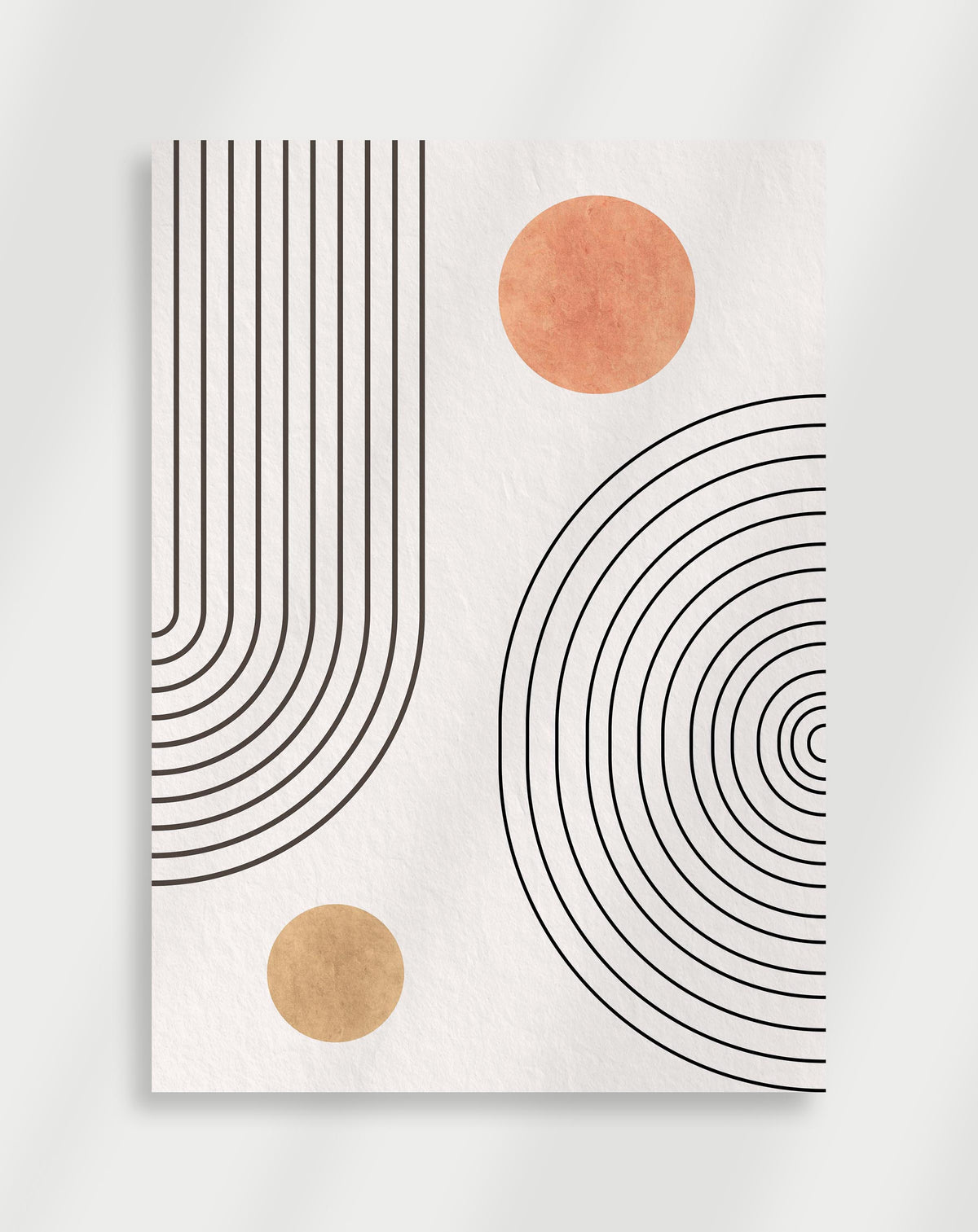 Boho geometric circles arches poster with a minimalist geometric composition of black concentric arches and earth-toned circles