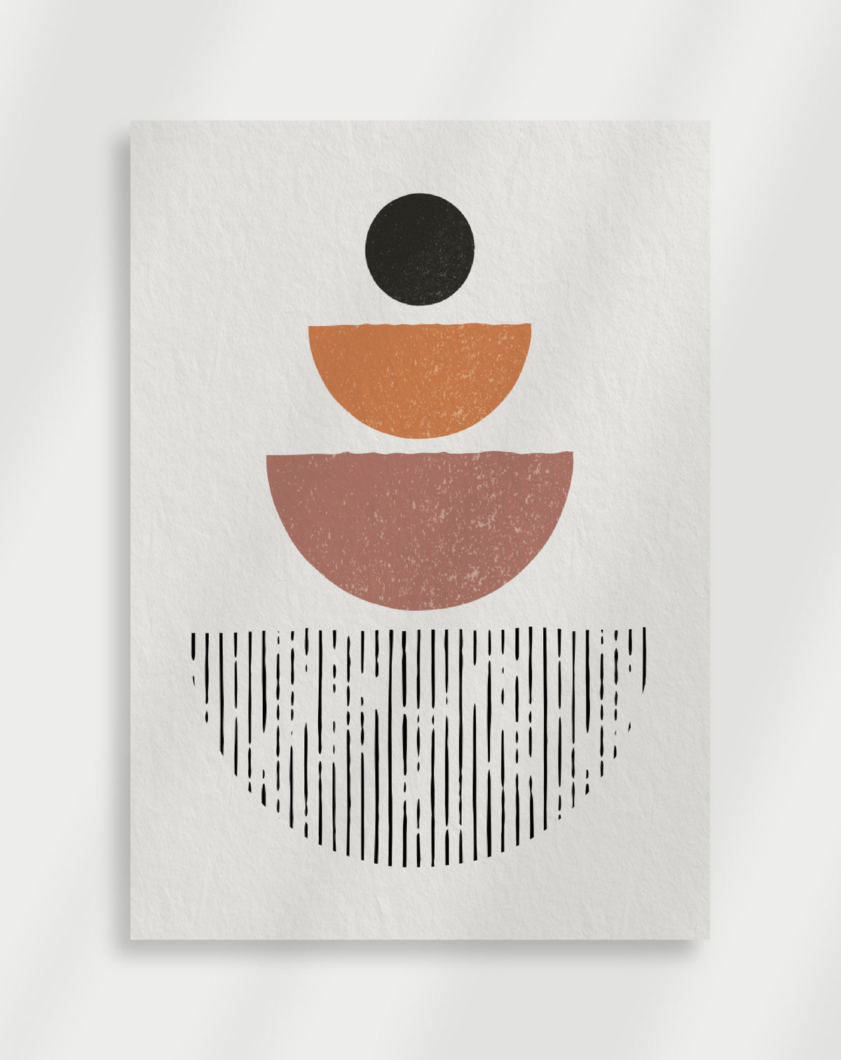 Boho geometric shapes poster with a minimalist geometric composition of a black circle, orange and terracotta semi-circles and dashed lines