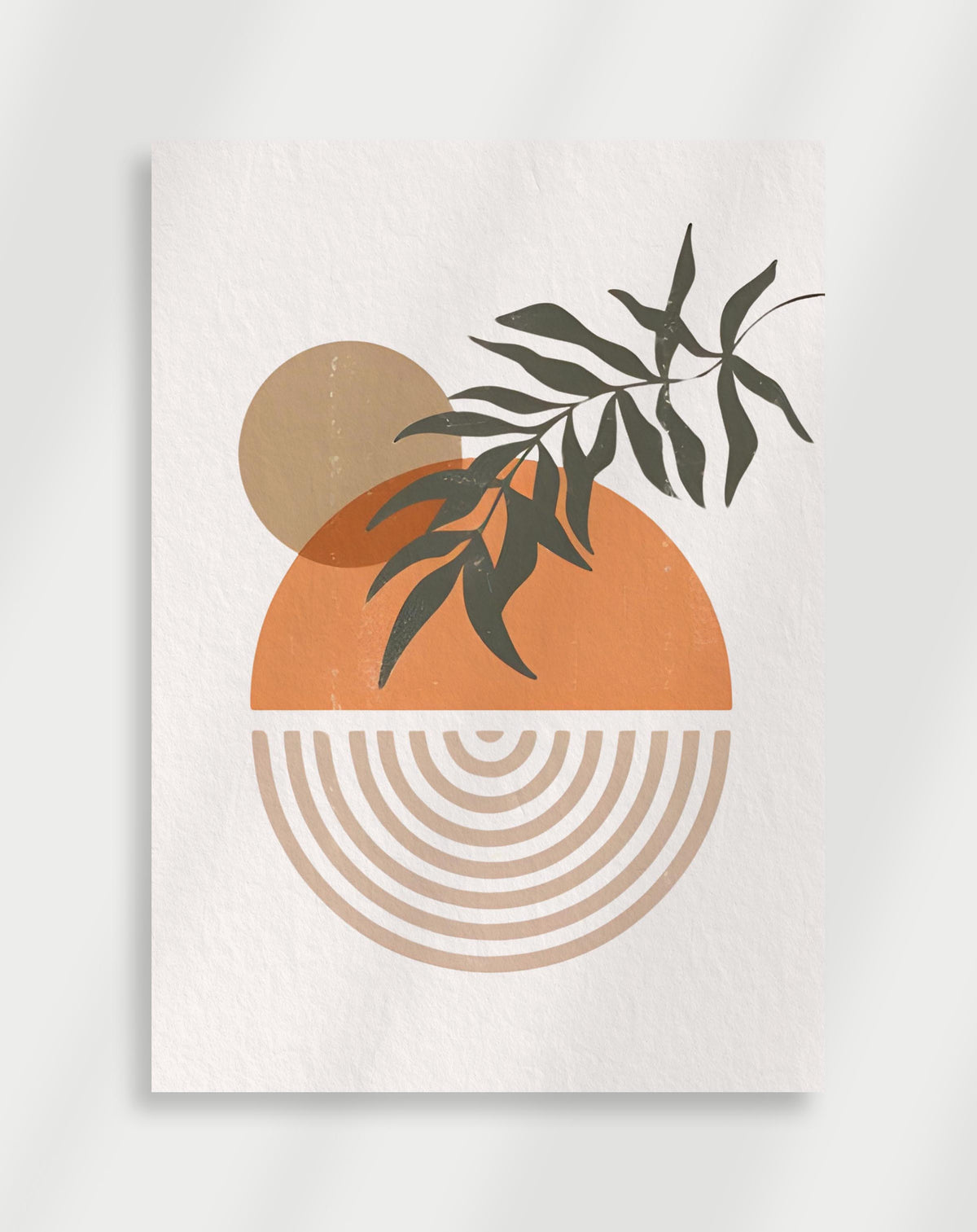 Boho leaf arches sunset poster with a minimalist composition of a beige circle, orange semi-circle, dark green leaf and concentric arches