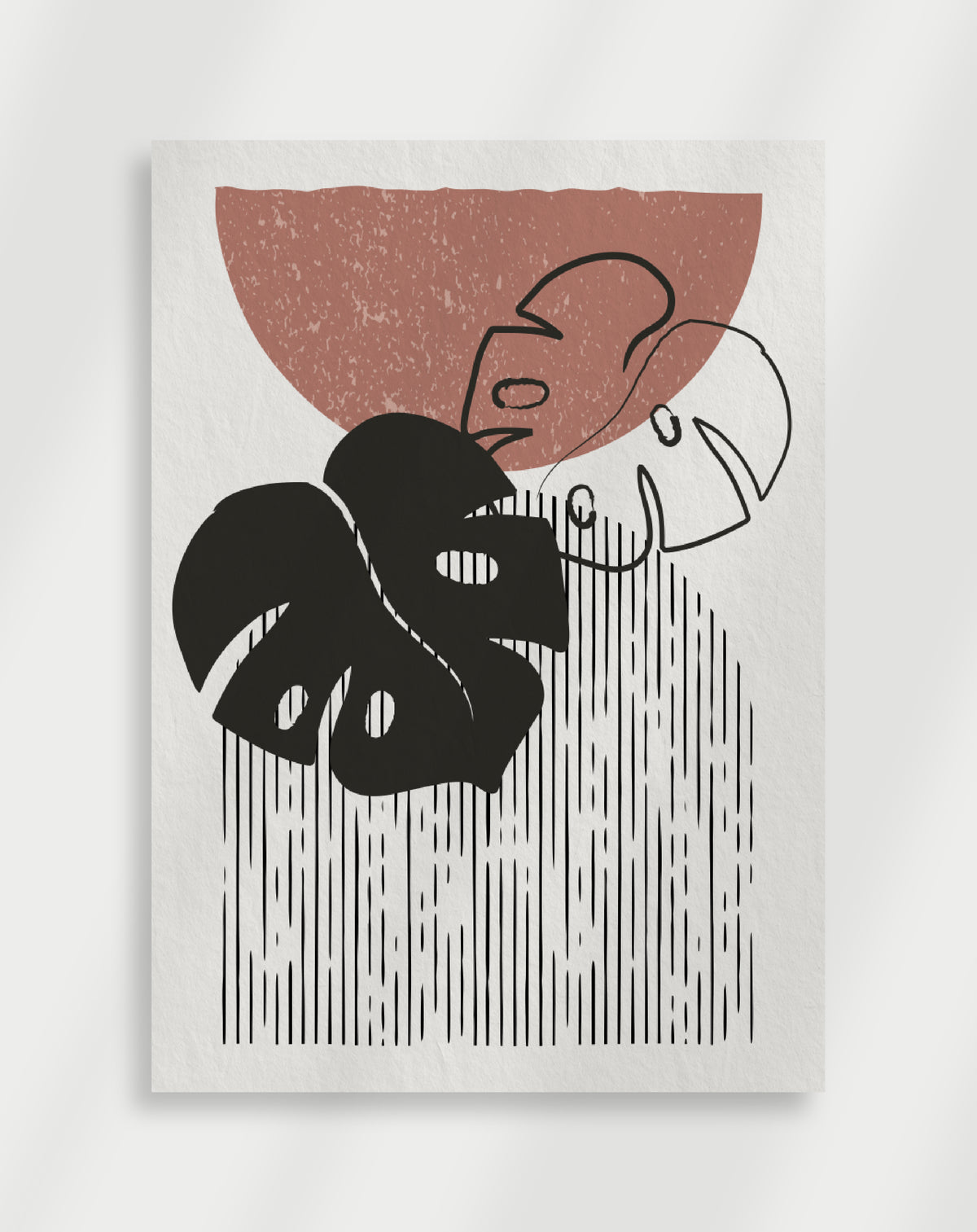 Boho monstera leaf poster with a minimalist composition of a black monstera leaf silhouette, a line-drawn leaf and a terracotta semi-circle