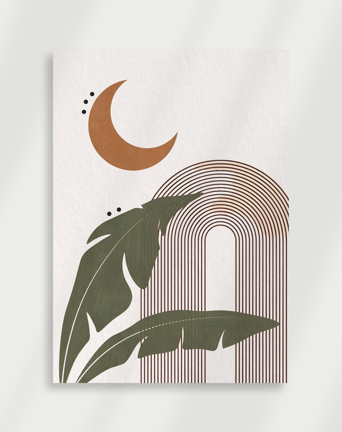 Boho moon leaves arches poster with a minimalist composition of a terracotta crescent moon, green tropical leaves and concentric arches